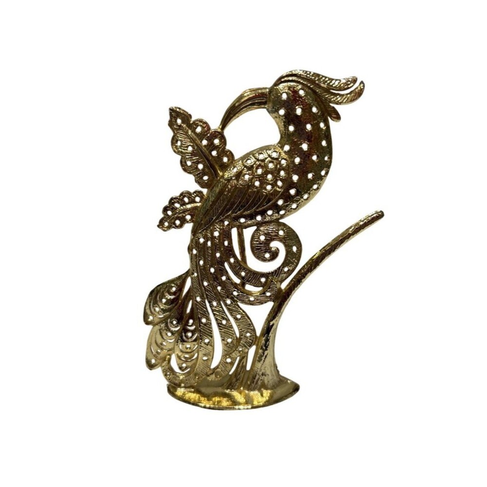 Gold Metal Decorative Bird Figurine With Intricate Cutout Design - 5 Inches Tall